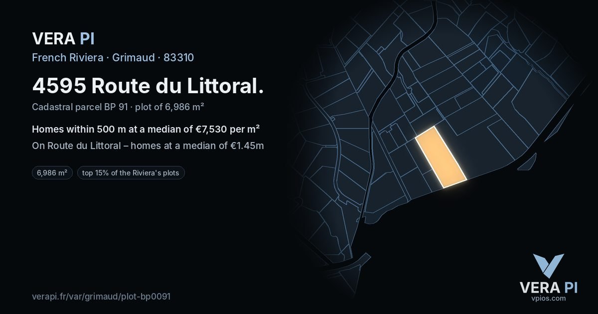 4595 Route du Littoral, Grimaud at night – the plot lit, the parcels around coloured by the prices near them