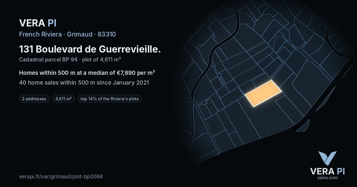 131 Boulevard de Guerrevieille, Grimaud at night – the plot lit, the parcels around coloured by the prices near them