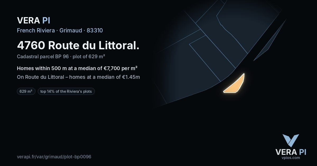 4760 Route du Littoral, Grimaud at night – the plot lit, the parcels around coloured by the prices near them