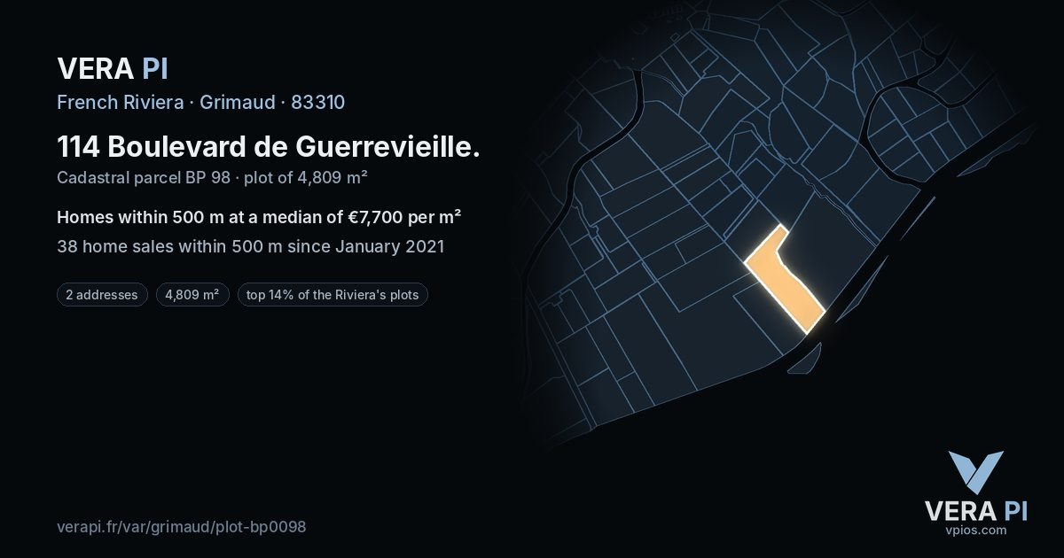 114 Boulevard de Guerrevieille, Grimaud at night – the plot lit, the parcels around coloured by the prices near them