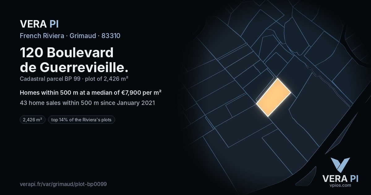 120 Boulevard de Guerrevieille, Grimaud at night – the plot lit, the parcels around coloured by the prices near them
