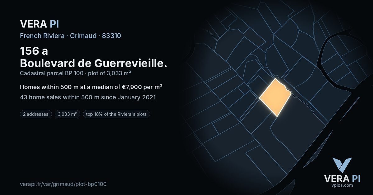 156 a Boulevard de Guerrevieille, Grimaud at night – the plot lit, the parcels around coloured by the prices near them