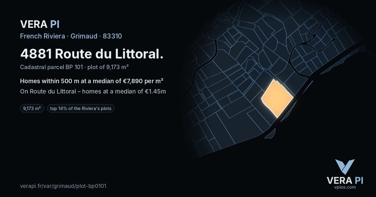 4881 Route du Littoral, Grimaud at night – the plot lit, the parcels around coloured by the prices near them