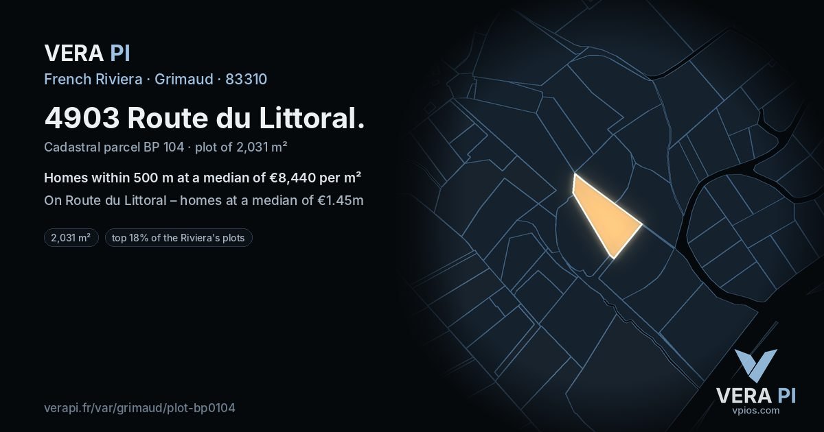 4903 Route du Littoral, Grimaud at night – the plot lit, the parcels around coloured by the prices near them