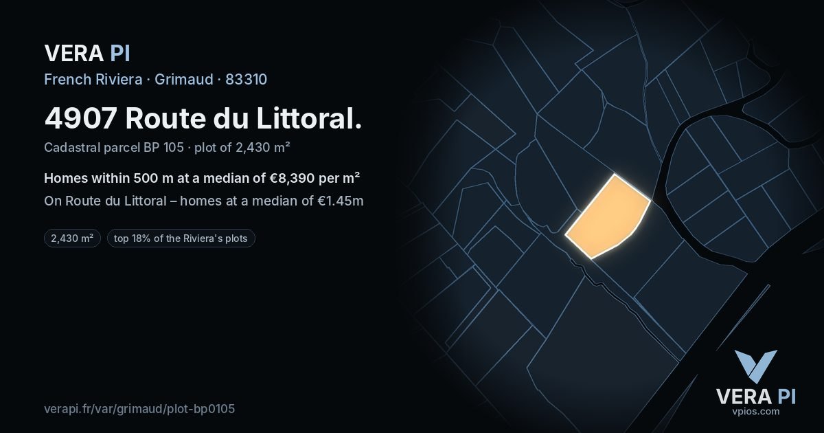 4907 Route du Littoral, Grimaud at night – the plot lit, the parcels around coloured by the prices near them