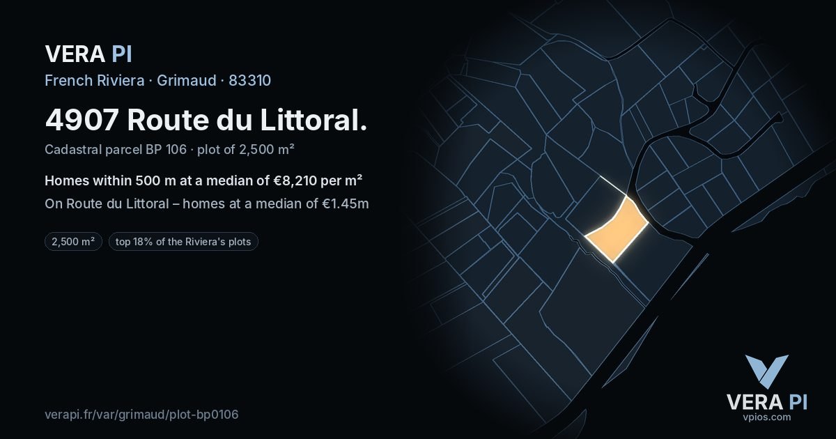 4907 Route du Littoral, Grimaud at night – the plot lit, the parcels around coloured by the prices near them