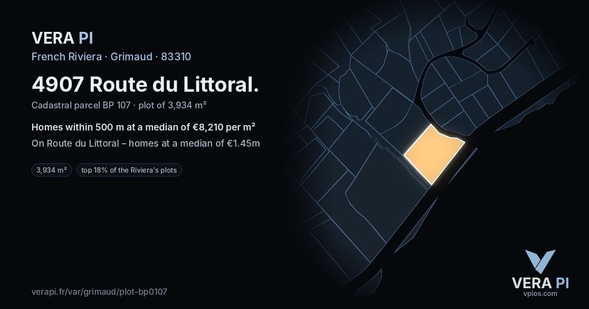 4907 Route du Littoral, Grimaud at night – the plot lit, the parcels around coloured by the prices near them