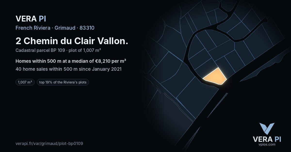 2 Chemin du Clair Vallon, Grimaud at night – the plot lit, the parcels around coloured by the prices near them