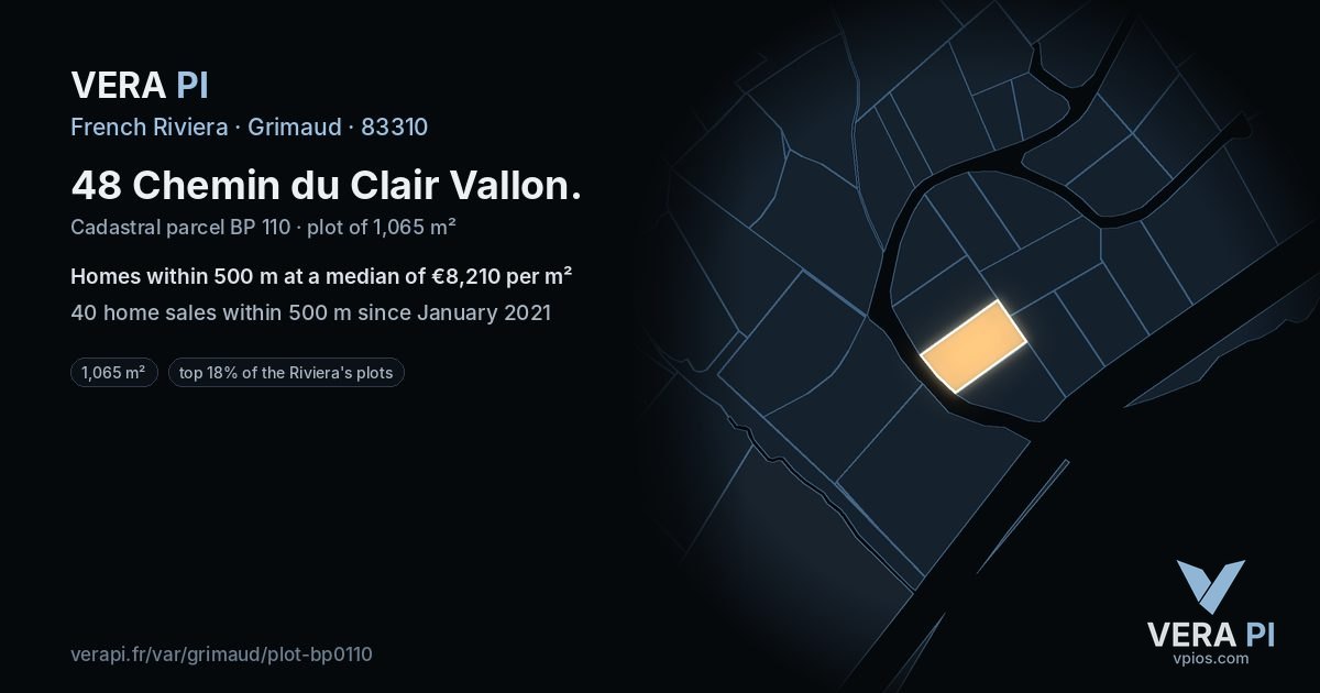 48 Chemin du Clair Vallon, Grimaud at night – the plot lit, the parcels around coloured by the prices near them