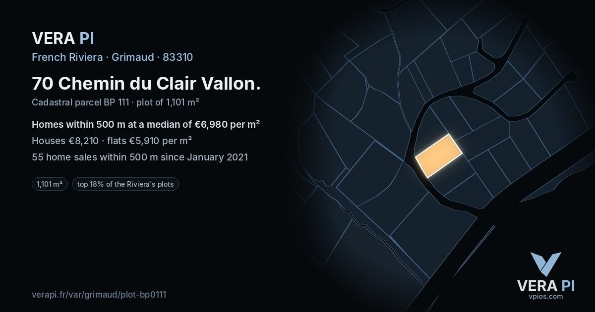 70 Chemin du Clair Vallon, Grimaud at night – the plot lit, the parcels around coloured by the prices near them