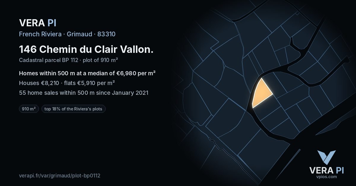 146 Chemin du Clair Vallon, Grimaud at night – the plot lit, the parcels around coloured by the prices near them
