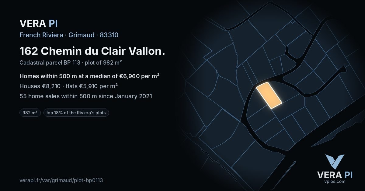 162 Chemin du Clair Vallon, Grimaud at night – the plot lit, the parcels around coloured by the prices near them
