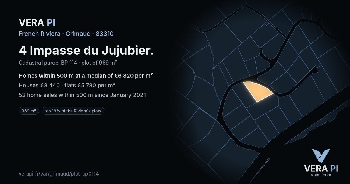 4 Impasse du Jujubier, Grimaud at night – the plot lit, the parcels around coloured by the prices near them