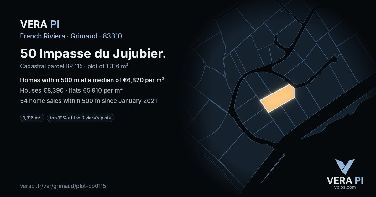 50 Impasse du Jujubier, Grimaud at night – the plot lit, the parcels around coloured by the prices near them