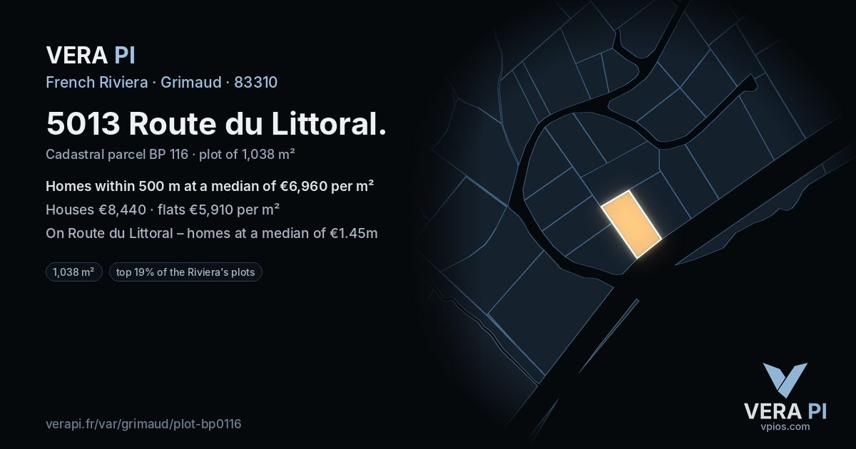5013 Route du Littoral, Grimaud at night – the plot lit, the parcels around coloured by the prices near them