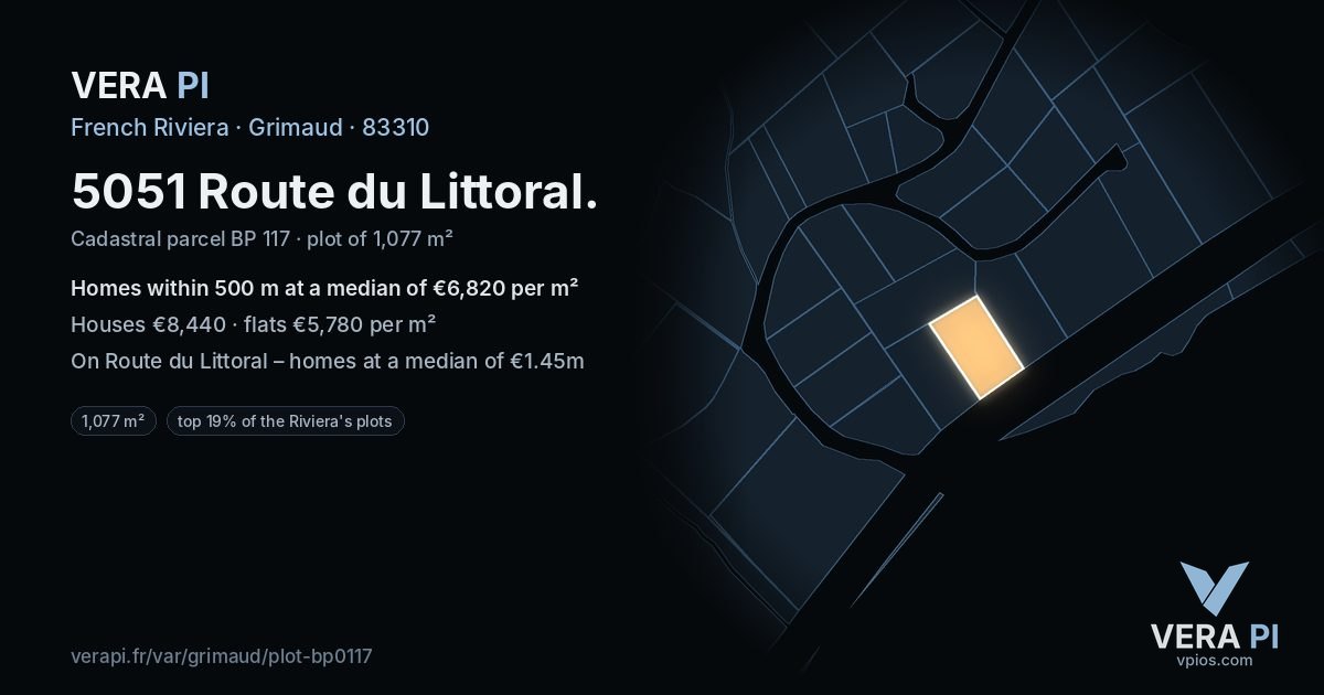 5051 Route du Littoral, Grimaud at night – the plot lit, the parcels around coloured by the prices near them