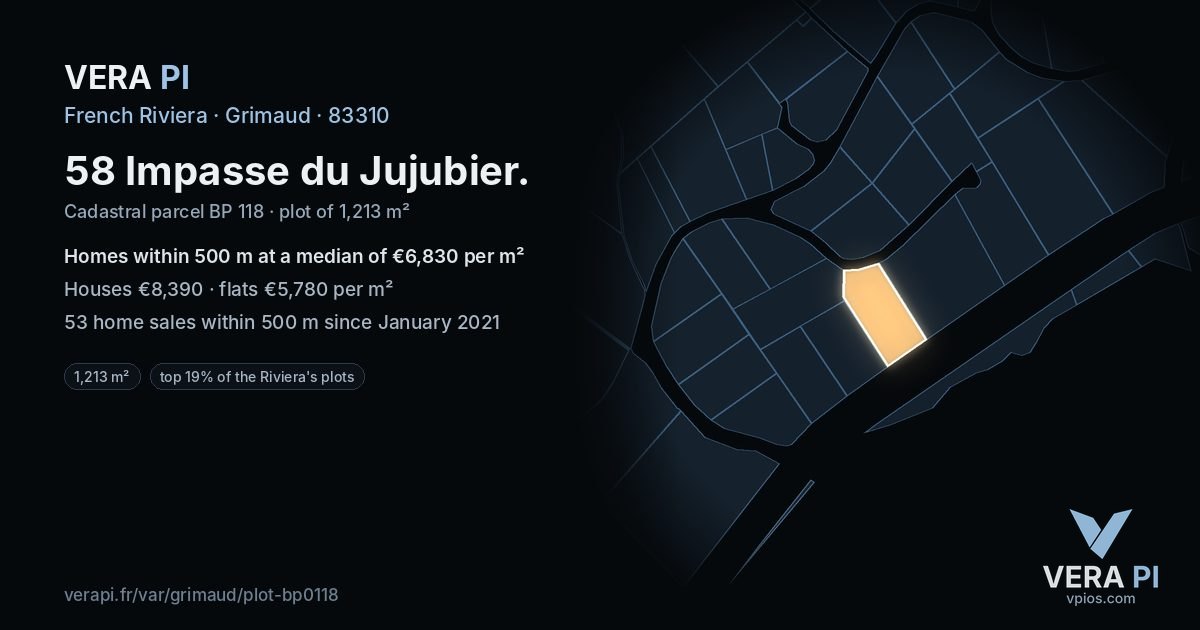 58 Impasse du Jujubier, Grimaud at night – the plot lit, the parcels around coloured by the prices near them