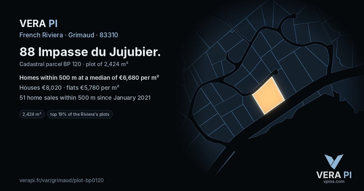 88 Impasse du Jujubier, Grimaud at night – the plot lit, the parcels around coloured by the prices near them