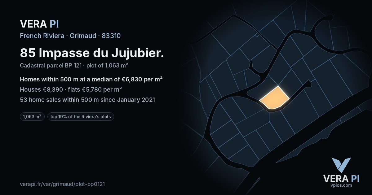 85 Impasse du Jujubier, Grimaud at night – the plot lit, the parcels around coloured by the prices near them