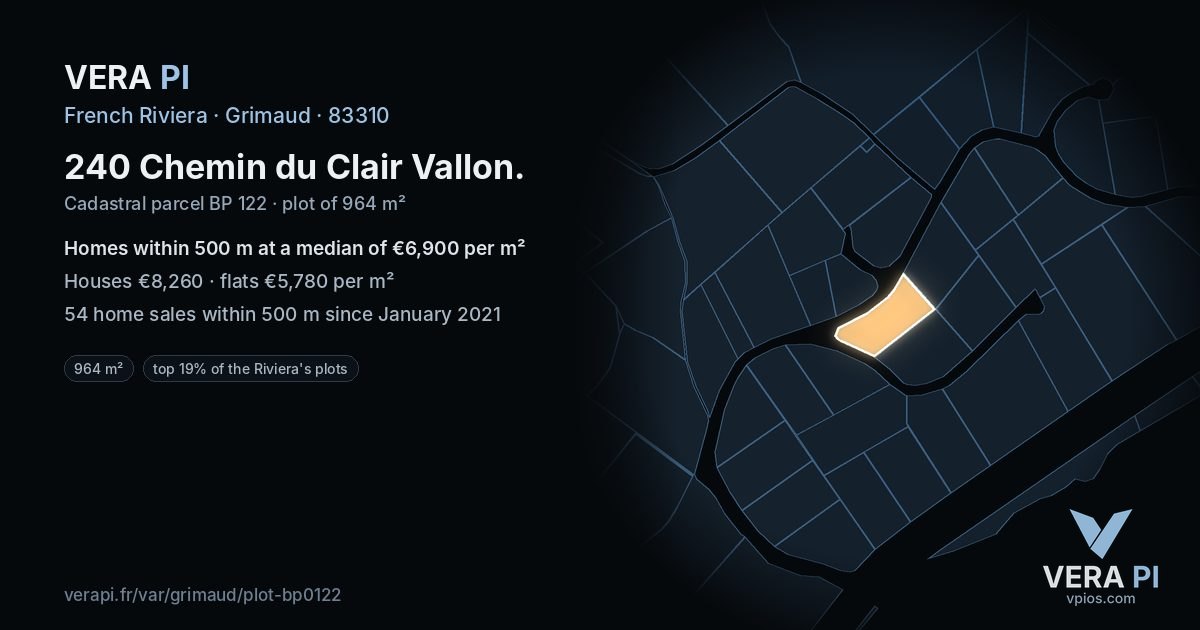 240 Chemin du Clair Vallon, Grimaud at night – the plot lit, the parcels around coloured by the prices near them