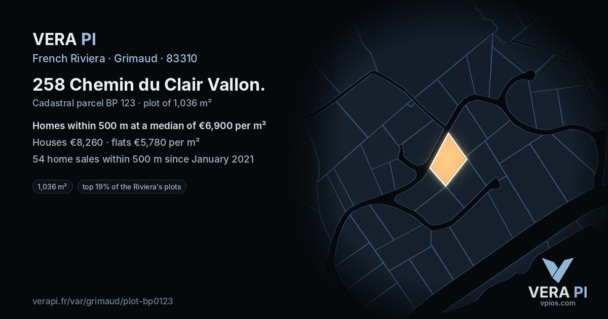 258 Chemin du Clair Vallon, Grimaud at night – the plot lit, the parcels around coloured by the prices near them