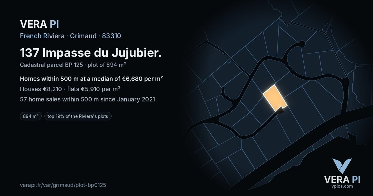 137 Impasse du Jujubier, Grimaud at night – the plot lit, the parcels around coloured by the prices near them