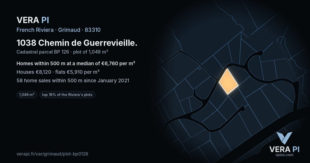 1038 Chemin de Guerrevieille, Grimaud at night – the plot lit, the parcels around coloured by the prices near them