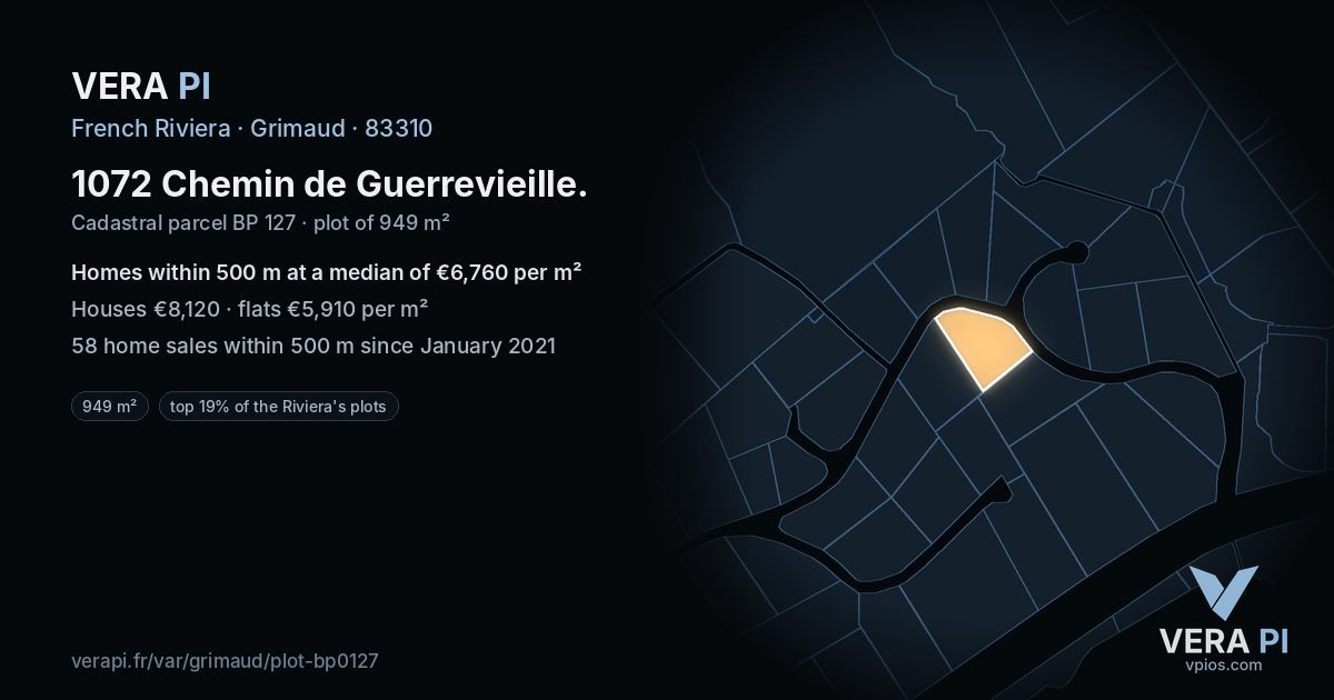 1072 Chemin de Guerrevieille, Grimaud at night – the plot lit, the parcels around coloured by the prices near them