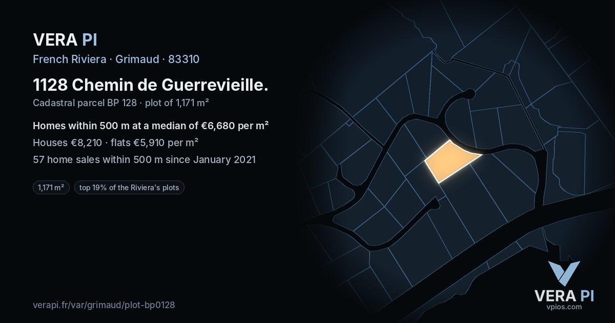 1128 Chemin de Guerrevieille, Grimaud at night – the plot lit, the parcels around coloured by the prices near them