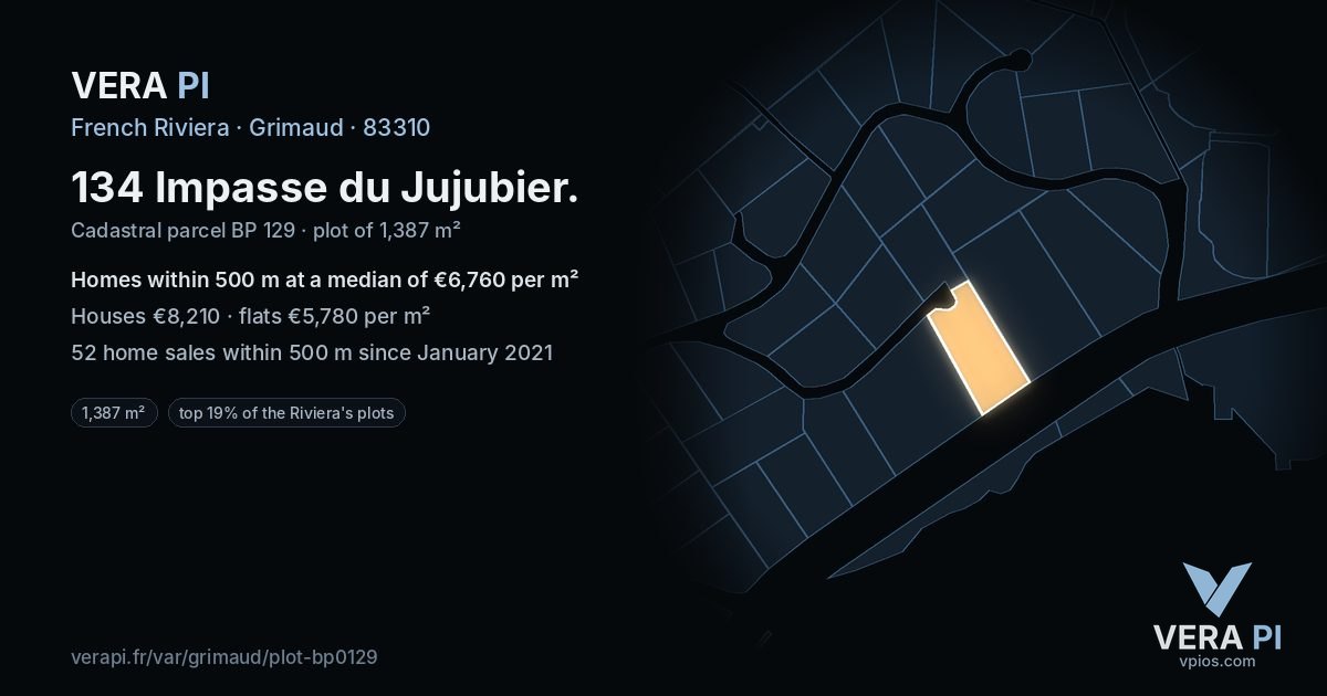 134 Impasse du Jujubier, Grimaud at night – the plot lit, the parcels around coloured by the prices near them