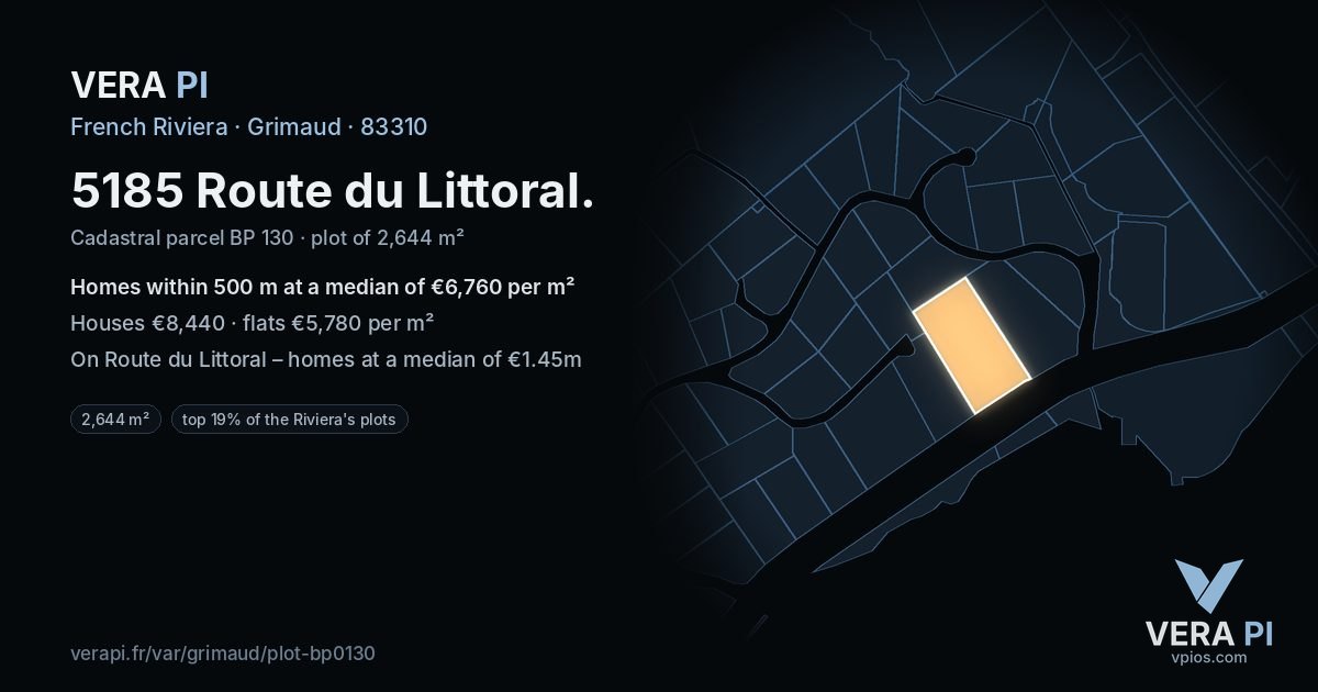 5185 Route du Littoral, Grimaud at night – the plot lit, the parcels around coloured by the prices near them