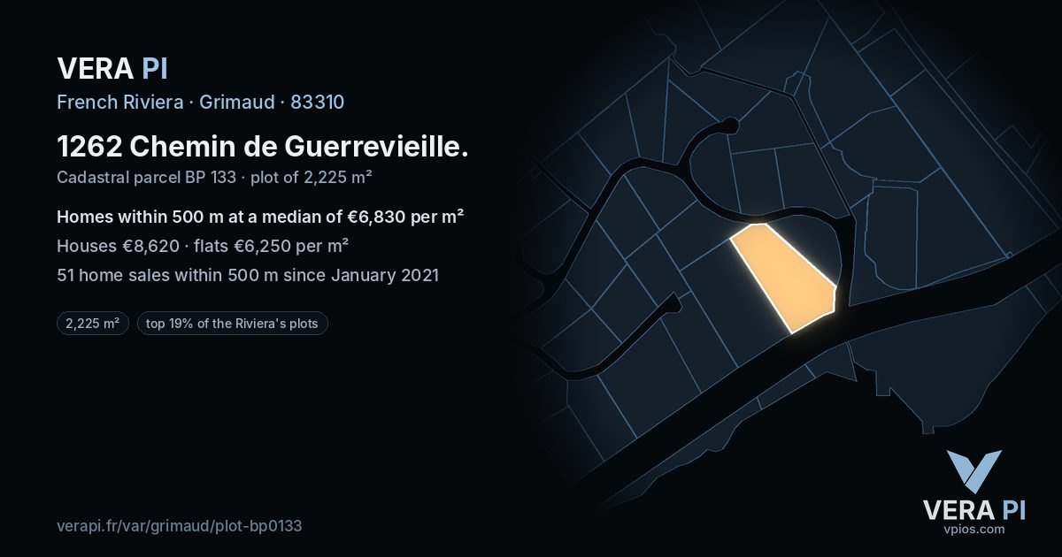 1262 Chemin de Guerrevieille, Grimaud at night – the plot lit, the parcels around coloured by the prices near them