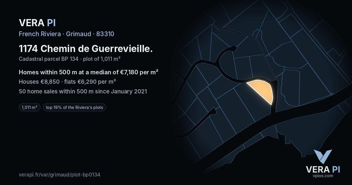 1174 Chemin de Guerrevieille, Grimaud at night – the plot lit, the parcels around coloured by the prices near them