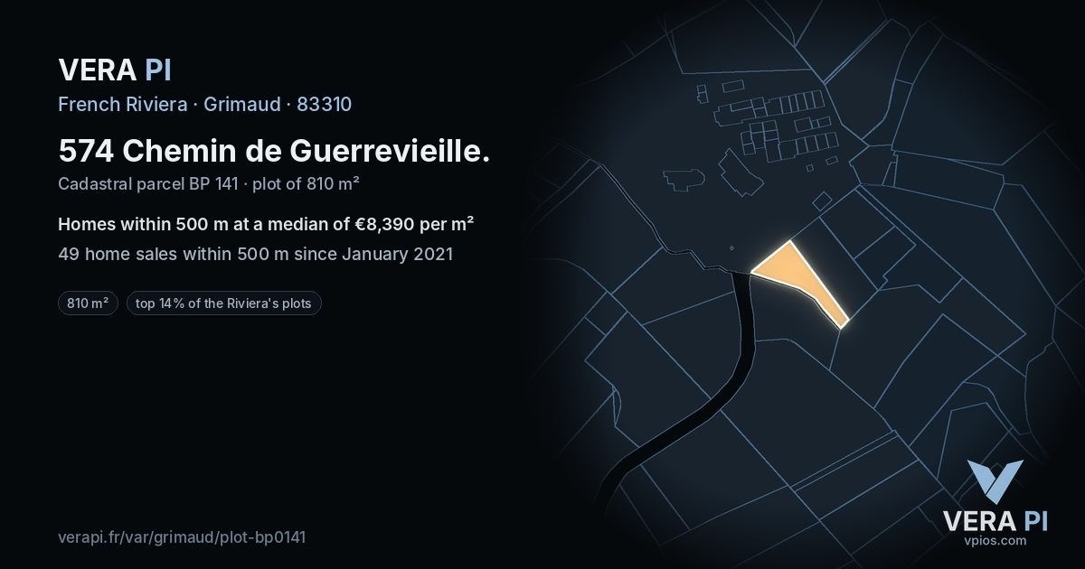574 Chemin de Guerrevieille, Grimaud at night – the plot lit, the parcels around coloured by the prices near them