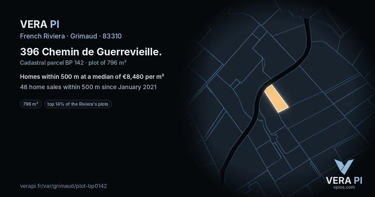 396 Chemin de Guerrevieille, Grimaud at night – the plot lit, the parcels around coloured by the prices near them