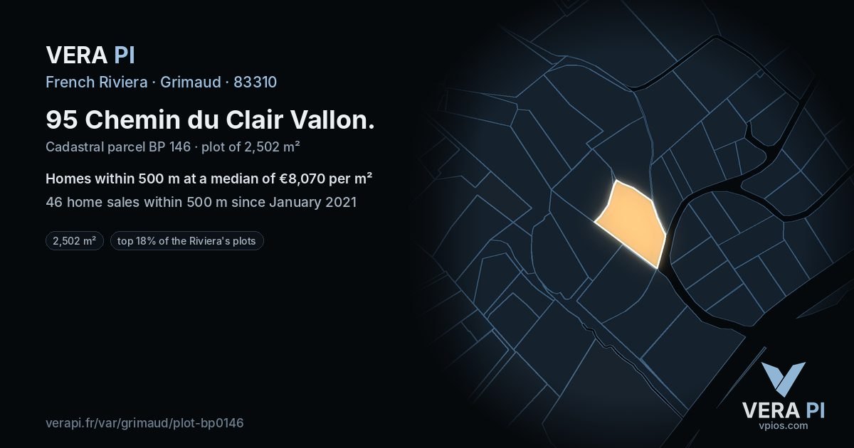 95 Chemin du Clair Vallon, Grimaud at night – the plot lit, the parcels around coloured by the prices near them