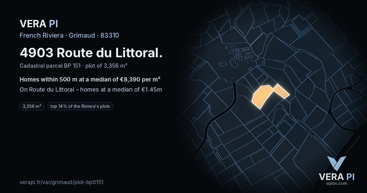 4903 Route du Littoral, Grimaud at night – the plot lit, the parcels around coloured by the prices near them