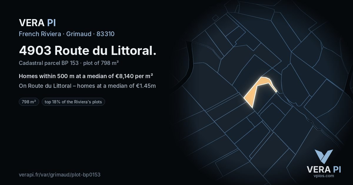 4903 Route du Littoral, Grimaud at night – the plot lit, the parcels around coloured by the prices near them