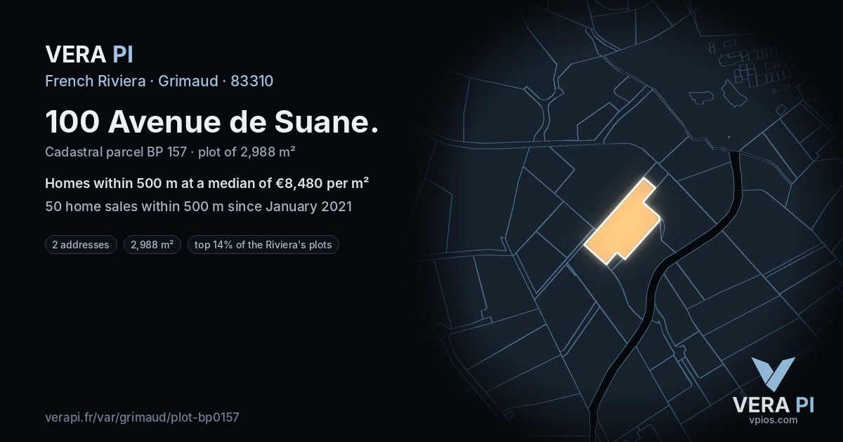 100 Avenue de Suane, Grimaud at night – the plot lit, the parcels around coloured by the prices near them