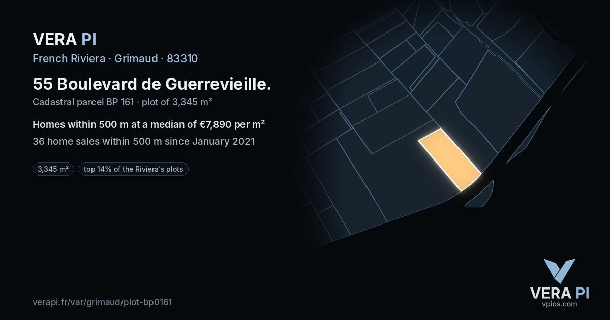 55 Boulevard de Guerrevieille, Grimaud at night – the plot lit, the parcels around coloured by the prices near them