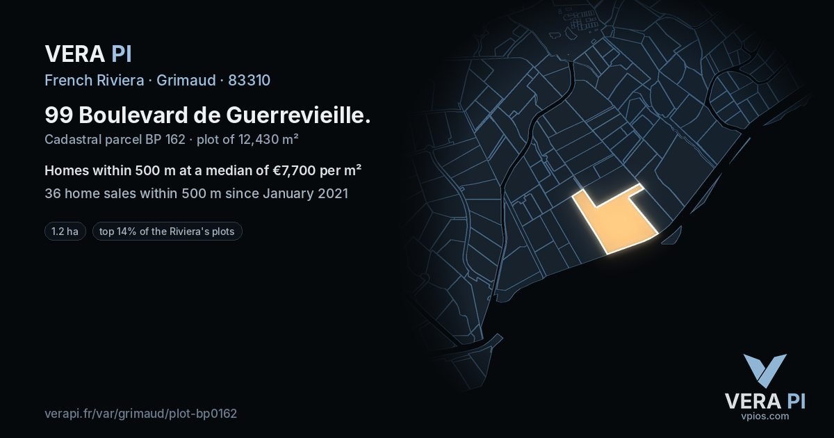 99 Boulevard de Guerrevieille, Grimaud at night – the plot lit, the parcels around coloured by the prices near them