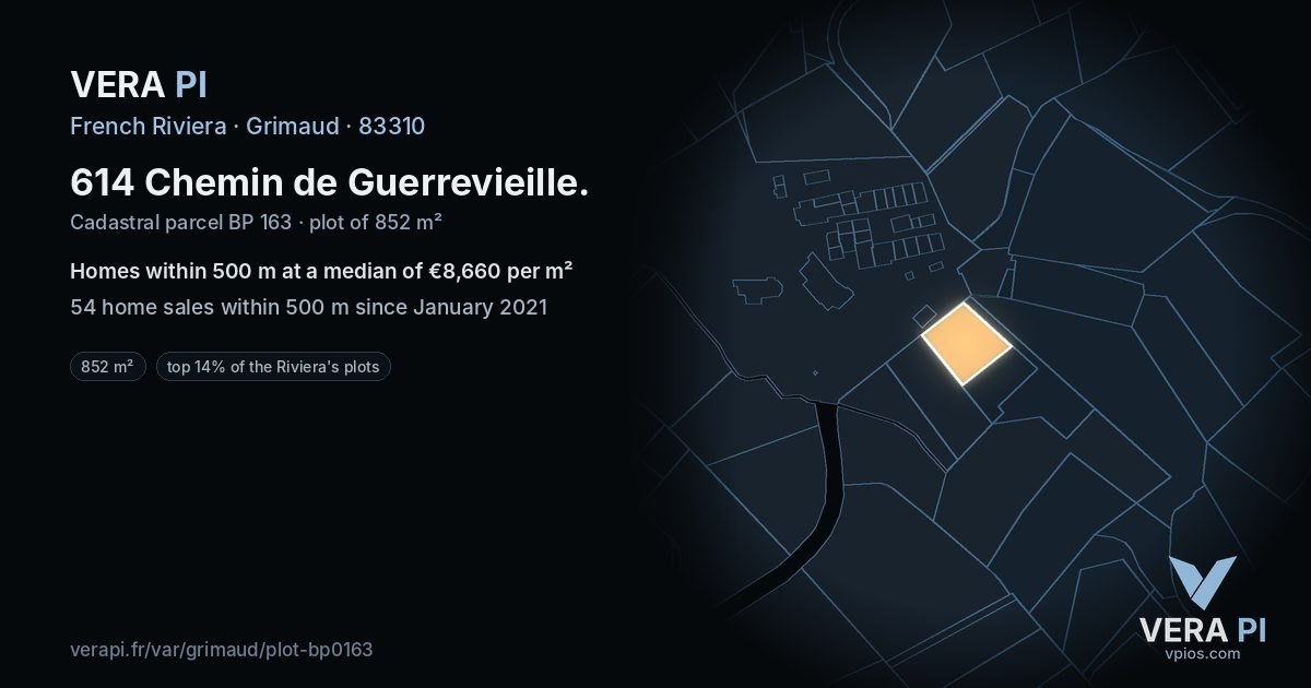 614 Chemin de Guerrevieille, Grimaud at night – the plot lit, the parcels around coloured by the prices near them