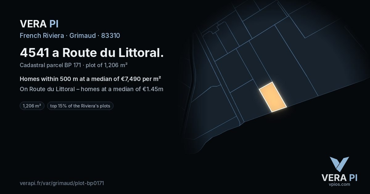 4541 a Route du Littoral, Grimaud at night – the plot lit, the parcels around coloured by the prices near them