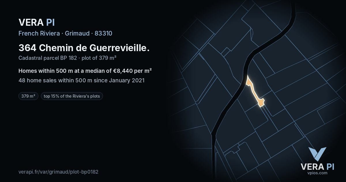 364 Chemin de Guerrevieille, Grimaud at night – the plot lit, the parcels around coloured by the prices near them