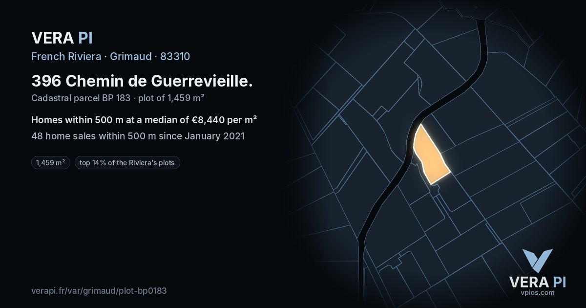 396 Chemin de Guerrevieille, Grimaud at night – the plot lit, the parcels around coloured by the prices near them
