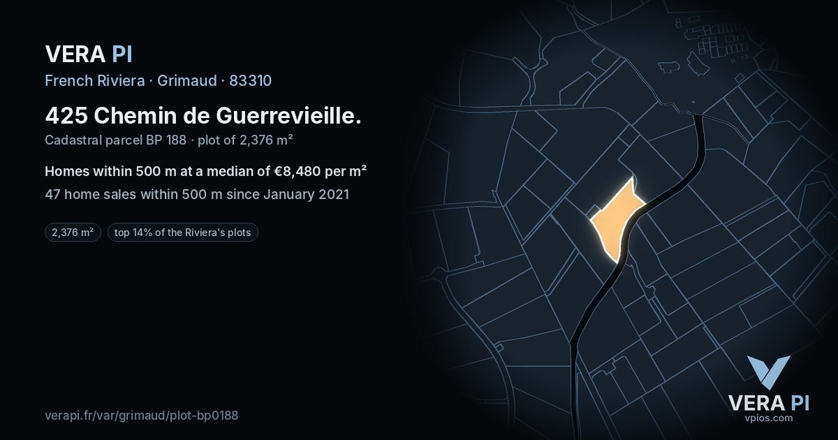 425 Chemin de Guerrevieille, Grimaud at night – the plot lit, the parcels around coloured by the prices near them