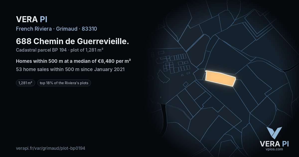 688 Chemin de Guerrevieille, Grimaud at night – the plot lit, the parcels around coloured by the prices near them
