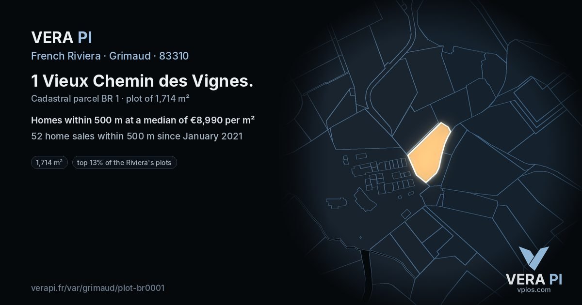 1 Vieux Chemin des Vignes, Grimaud at night – the plot lit, the parcels around coloured by the prices near them
