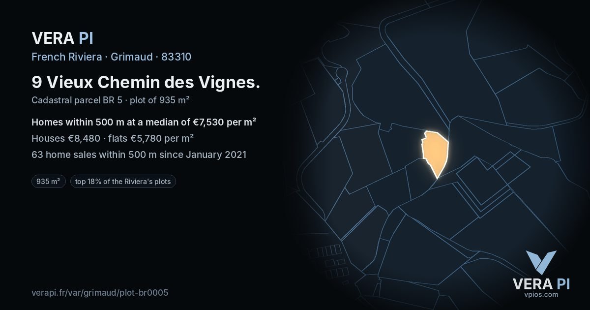 9 Vieux Chemin des Vignes, Grimaud at night – the plot lit, the parcels around coloured by the prices near them