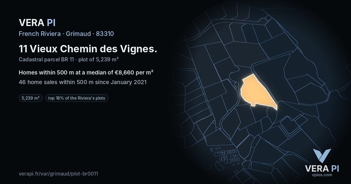 11 Vieux Chemin des Vignes, Grimaud at night – the plot lit, the parcels around coloured by the prices near them